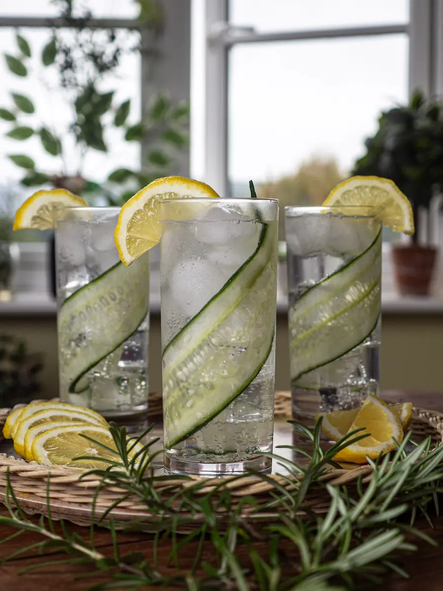 Refreshing gin and tonic with cucumber ribbons